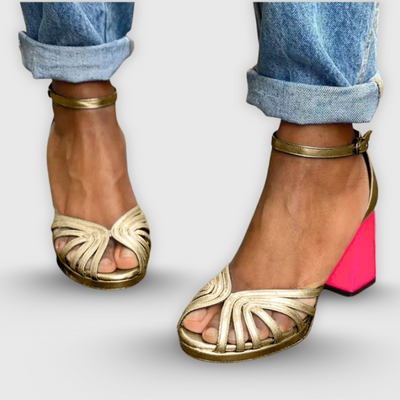 Soleil | Block Heel Sandal with Gold Straps